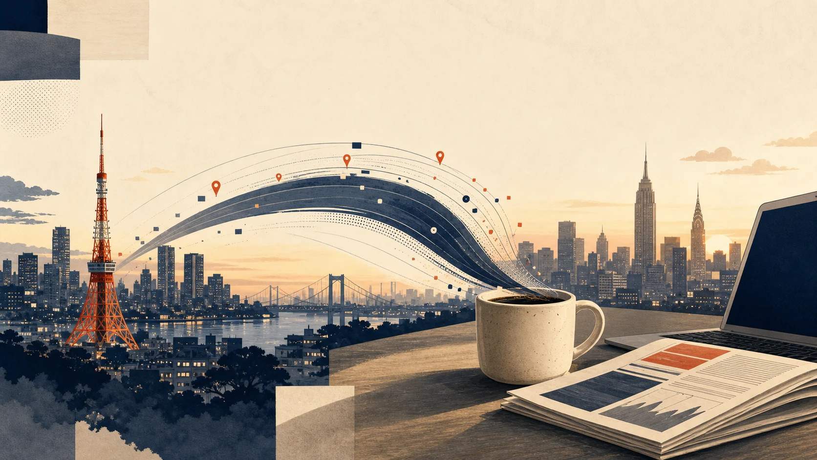 Tokyo business signals crossing the Pacific toward a morning coffee cup