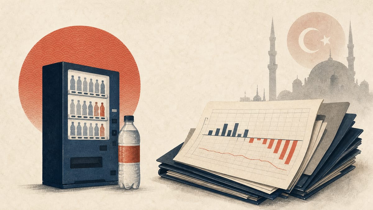 Editorial illustration of beverage vending machines, bottled drinks and financial papers highlighting Turkey-related accounting adjustments.
