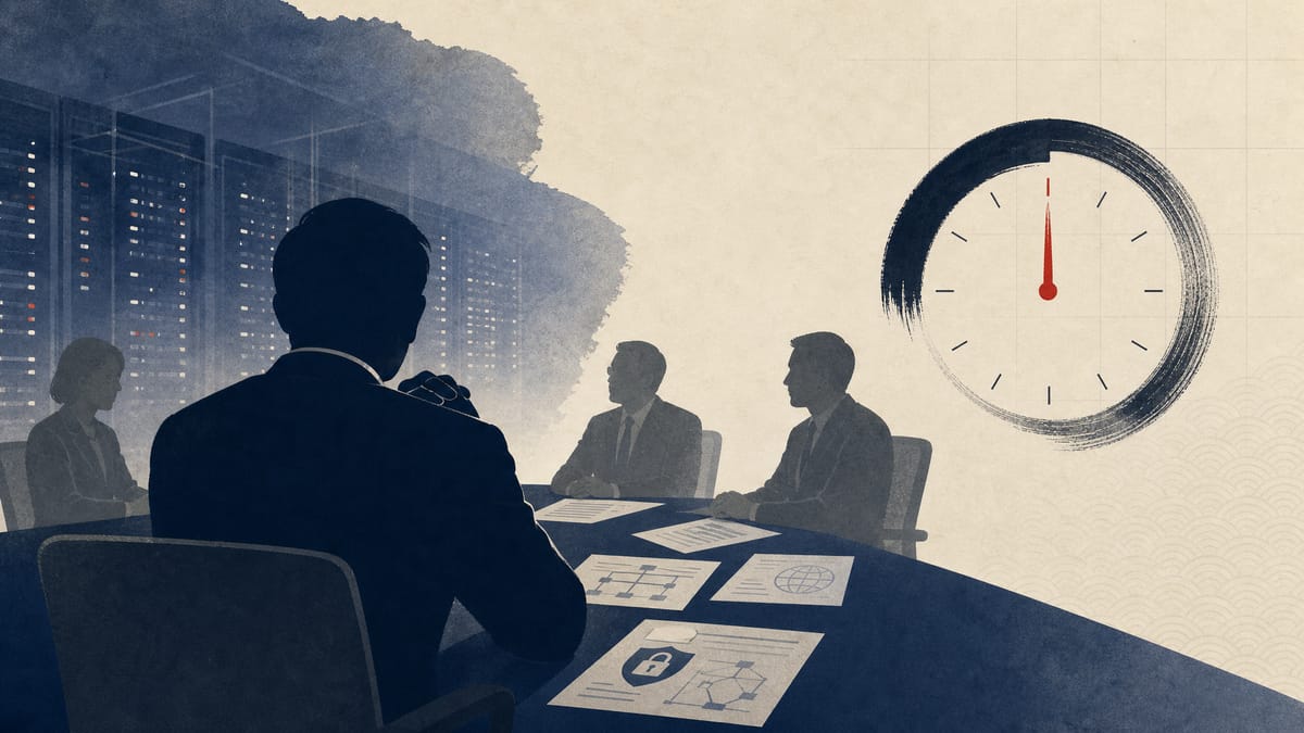 Editorial image of finance executives reviewing cybersecurity documents beside server infrastructure, representing management oversight of AI-driven cyber risk.