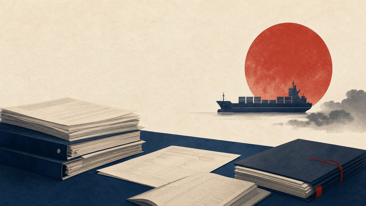 Editorial illustration of a bank risk-management desk with regulatory papers and trade-finance files.