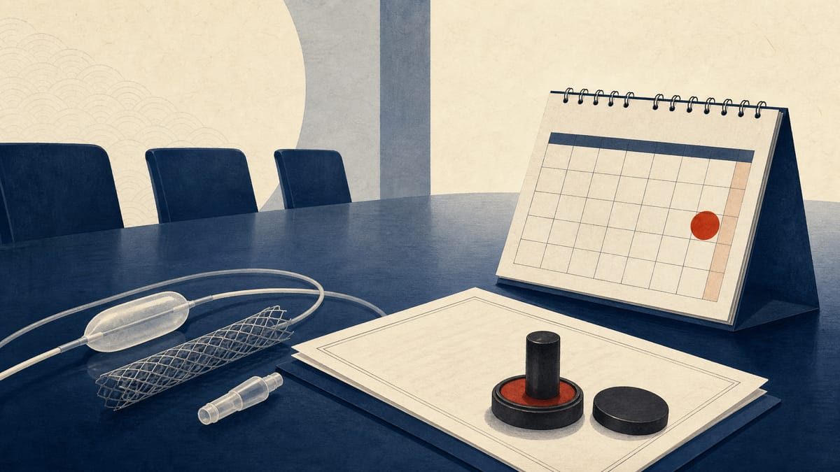 Boardroom papers, medical device components and a March 2027 calendar representing a corporate rebrand and governance overhaul.