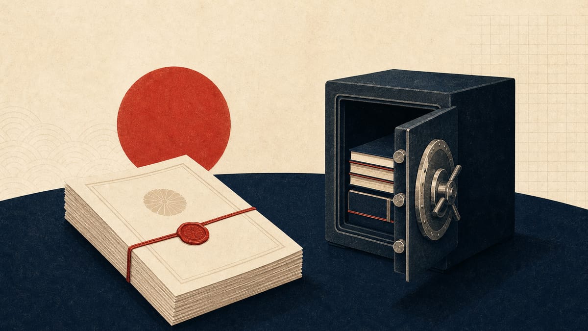Editorial illustration of regulatory papers, trust ledgers and a vault symbolizing domestic custody and trust-backed asset rules.