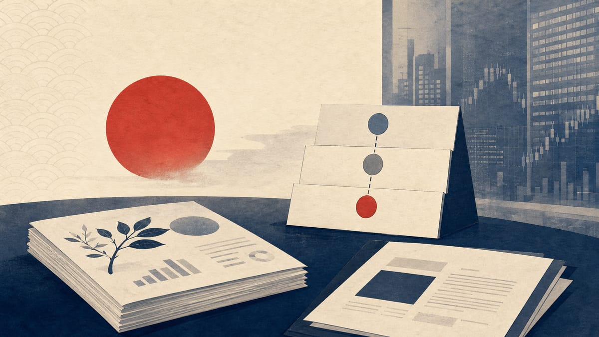 Editorial illustration of sustainability reports and regulatory briefing papers arranged beside a tiered compliance calendar.