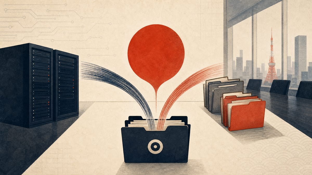 Editorial image of corporate org charts, cybersecurity servers, and back-office files being consolidated in a modern office setting.