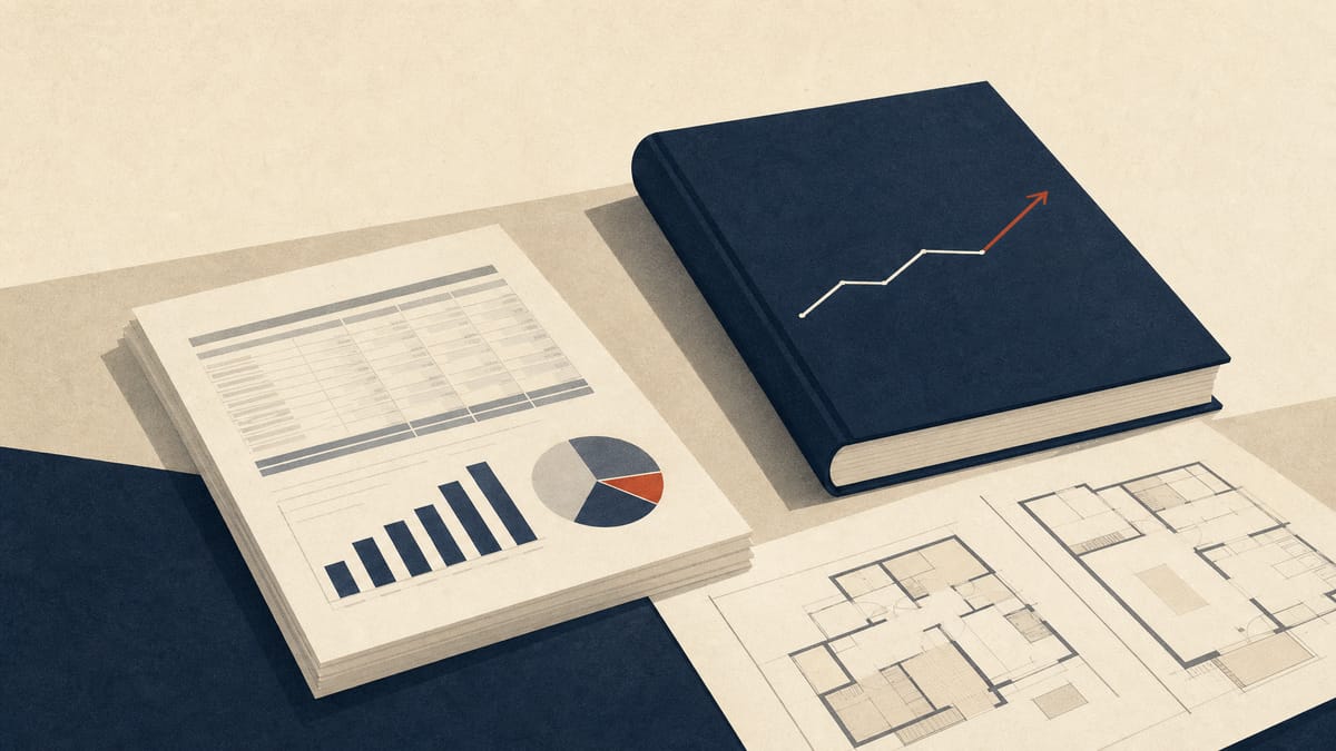 Printed earnings papers, a five-year plan document and condominium plans spread across a conference table.