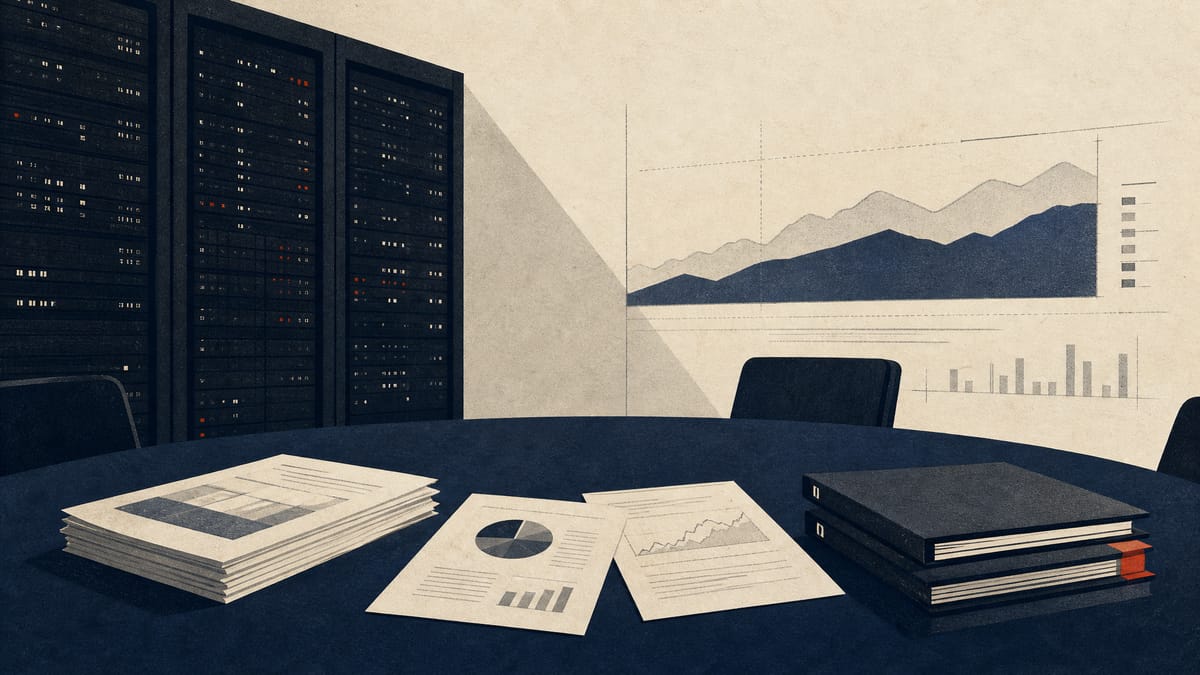 Editorial illustration of bank risk and compliance materials, server equipment and policy papers about ICT, liquidity and crypto supervision.