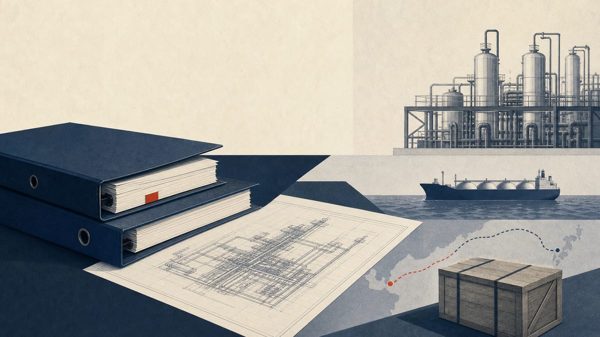 Editorial illustration of project documents, LNG plant plans, shipping logistics and a battery-material pilot plant setup.
