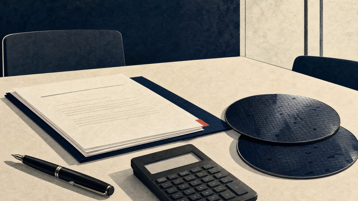 Editorial illustration of financing documents beside semiconductor wafer samples on a conference table.