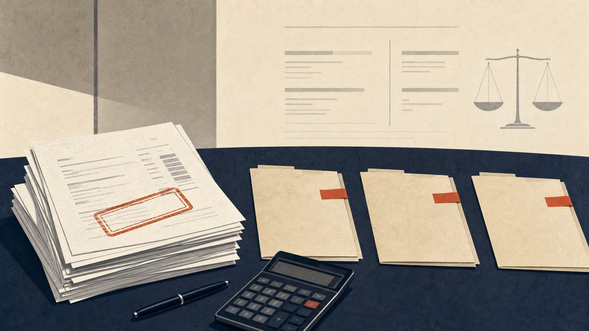 Editorial illustration of audit documents and three highlighted transaction folders on a boardroom table.