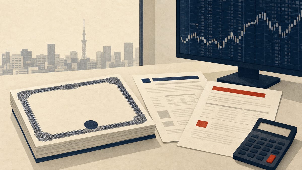 A Tokyo office desk with bond and warrant paperwork, a stock certificate stack, a calculator, and market screens in the background.