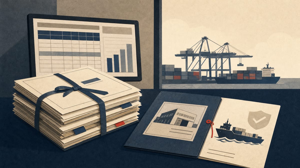 A bank risk desk with loan files, collateral paperwork, and trade insurance documents beside a screen showing capital calculations.
