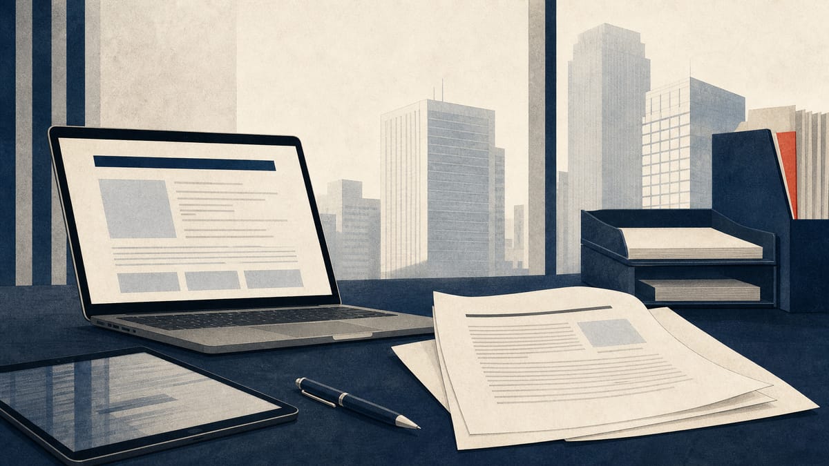 A Tokyo office desk with printed regulatory pages and a laptop showing an investor disclosure page.