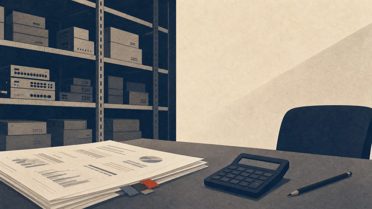 Warehouse equipment boxes beside marked-up financial statements and a calculator on a conference table