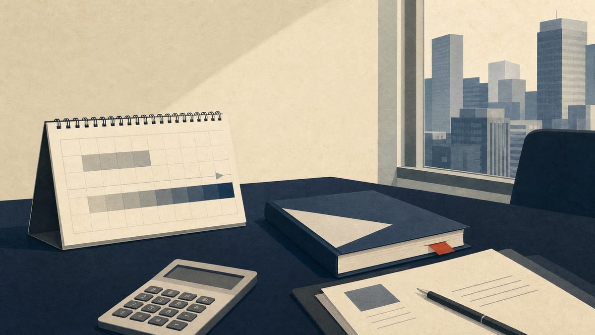 Corporate documents and calendars on a boardroom table, illustrating a fiscal year-end change.
