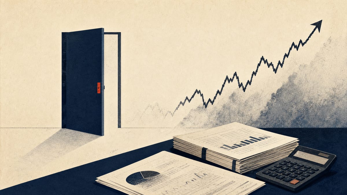 A finance desk with printed reports, a calculator and abstract market screens, illustrating a large shareholding disclosure.