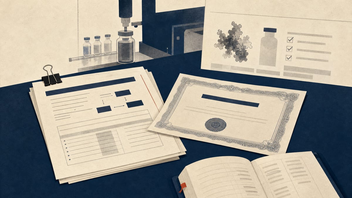 Editorial illustration of bond and warrant documents beside biotech lab planning materials.