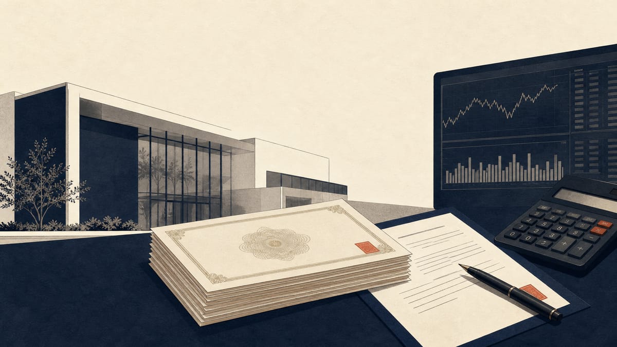 A corporate desk scene with buyback paperwork, a calculator, and market screens in front of a retail headquarters building.