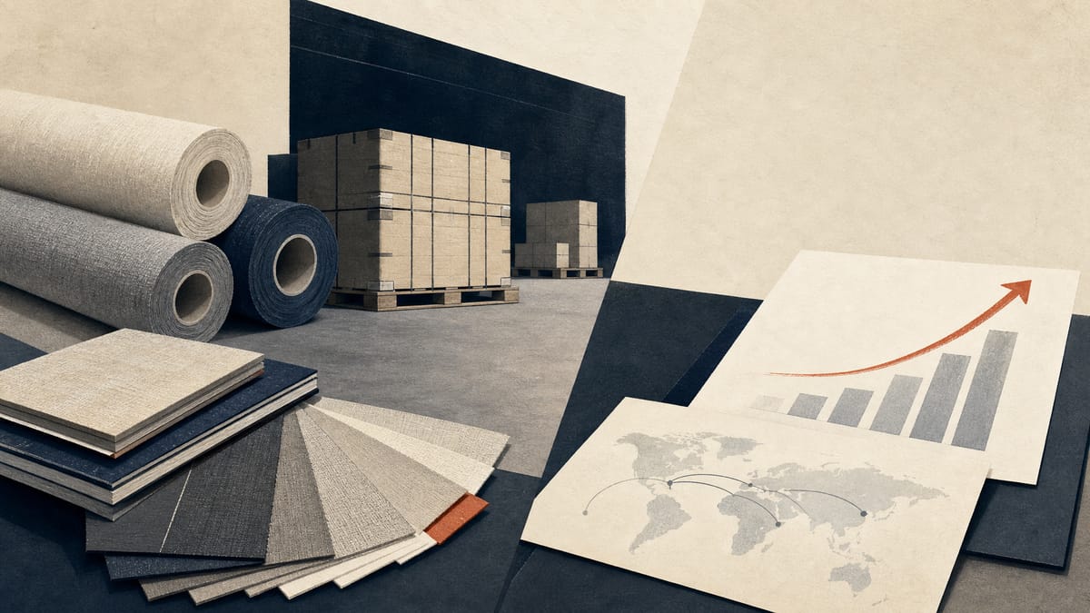 Rolled wall coverings, flooring samples and planning documents in a warehouse showroom setting, representing Sangetsu's domestic business and overseas expansion plan.
