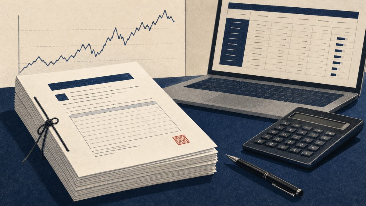 A financial newsroom-style image with filing papers, a calculator, and a holdings table on a desk.