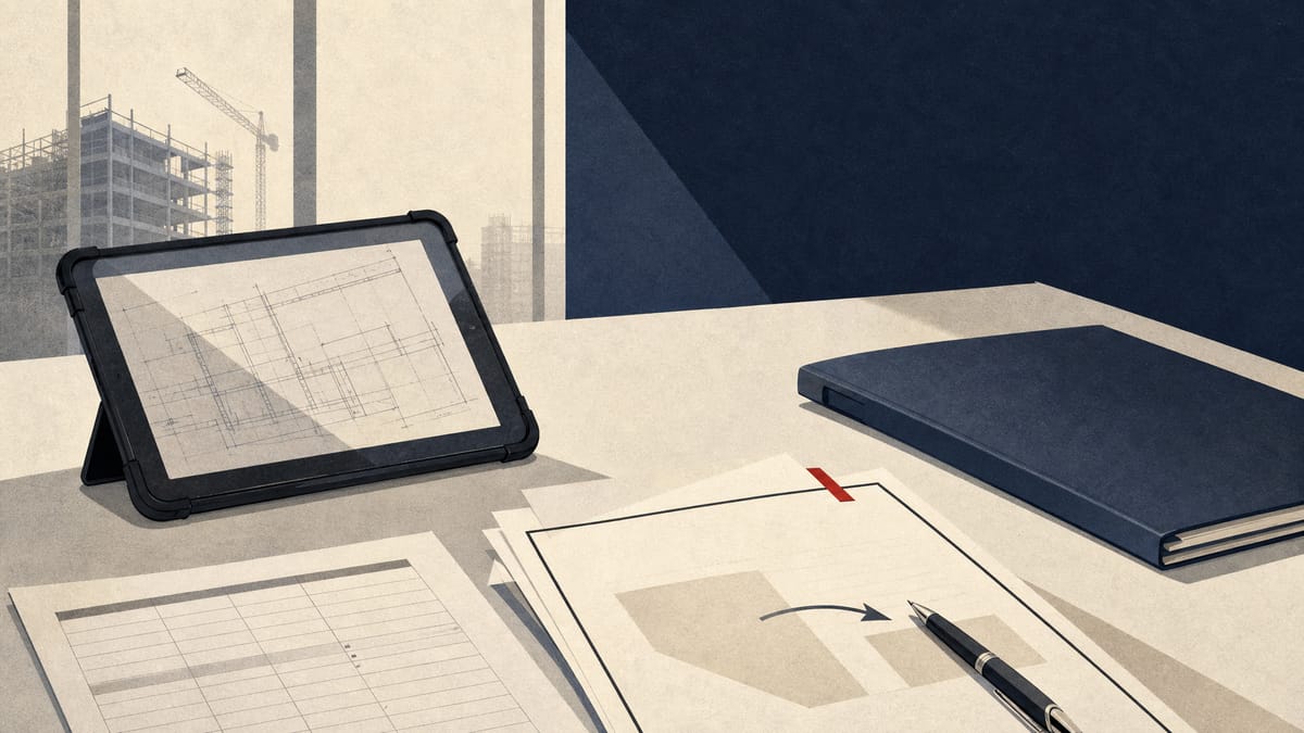 An editorial illustration of construction tablets, procurement paperwork and share-transfer documents on a meeting table.