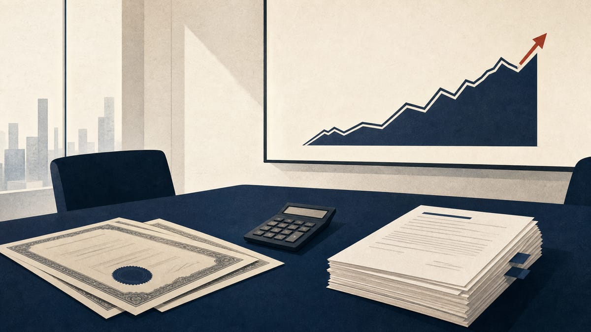 A boardroom table with share certificates, compliance papers, and a market screen suggesting an activist ownership increase.