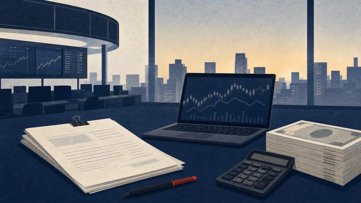 A Tokyo market desk with repurchase paperwork, a calculator, and abstract trading screens.