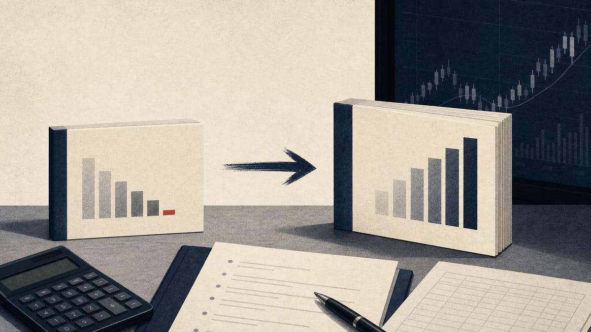 Corporate documents, a calculator, and a muted market screen on a Tokyo office desk.