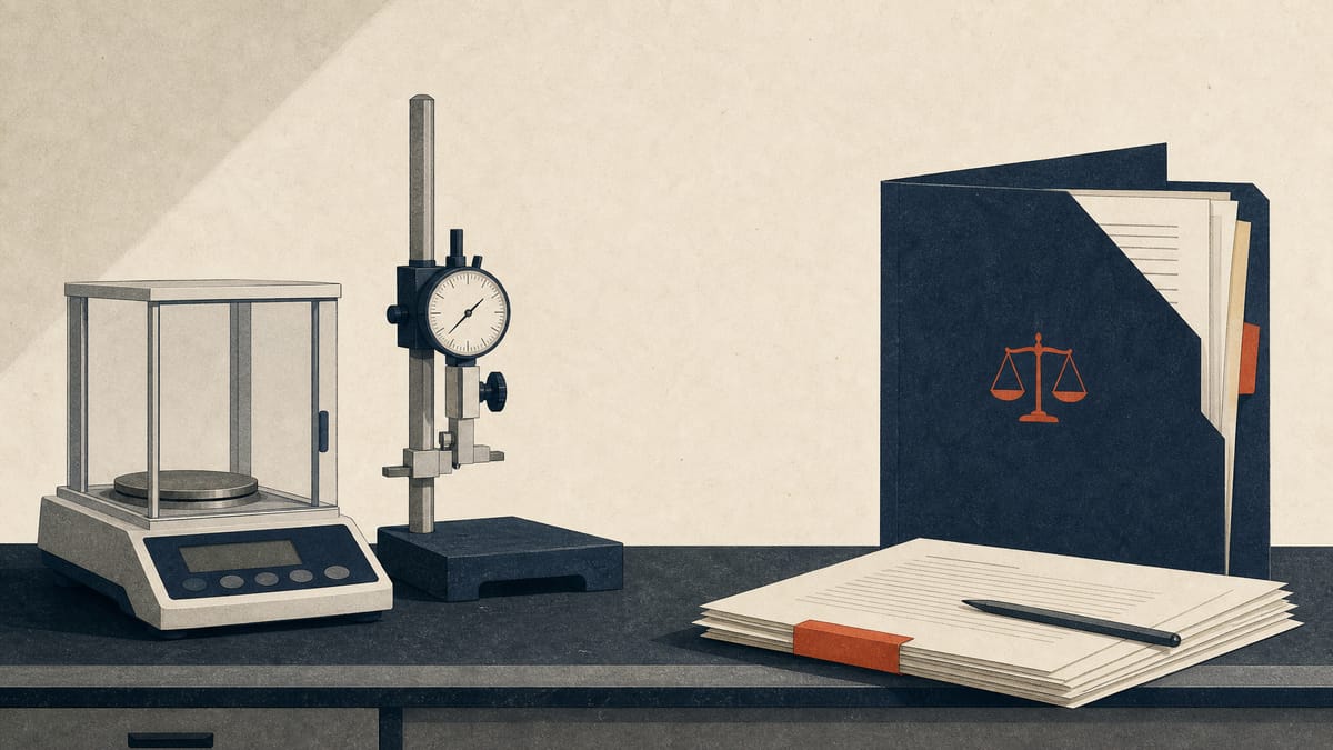 Precision measuring instruments beside compliance papers and a court file in an industrial office setting.