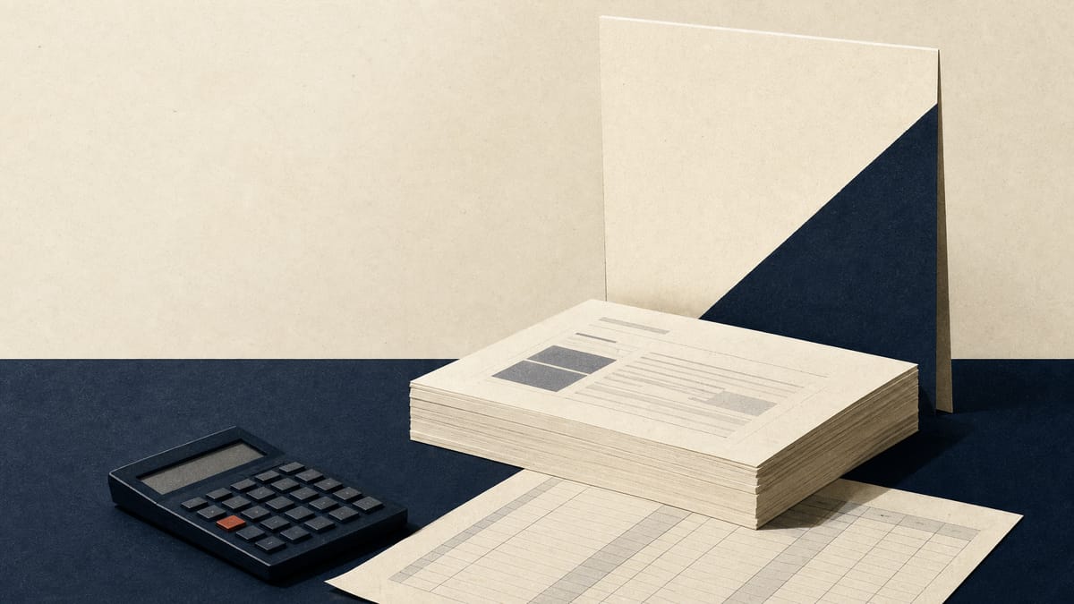 Editorial illustration of balance-sheet papers and shareholder meeting documents on a conference table.