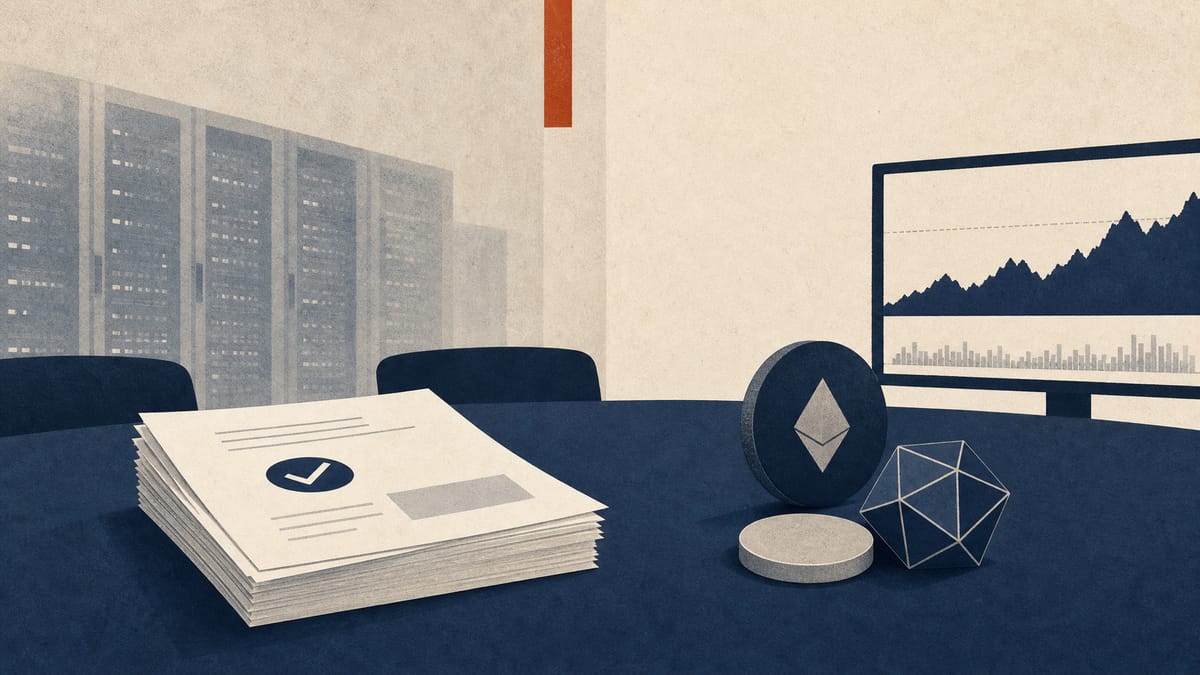 Editorial illustration of bank risk papers, server infrastructure and a liquidity monitor.