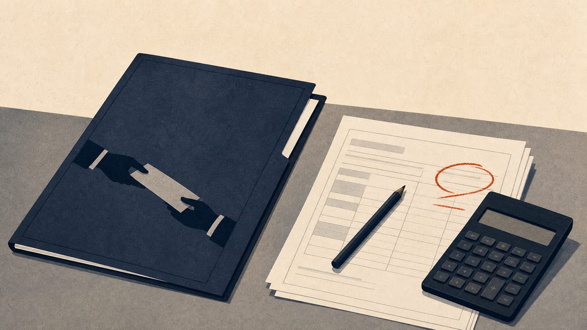 Editorial image of financial papers, a calculator and a tax worksheet on an office desk.