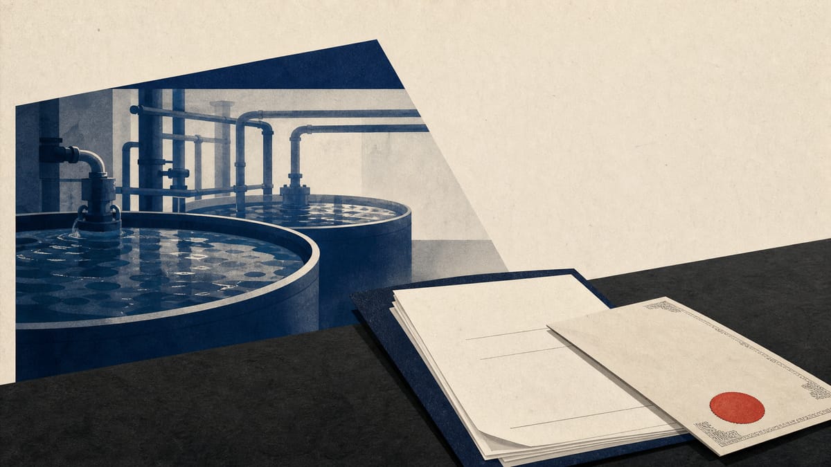 Editorial image showing aquaculture equipment and corporate documents related to a new subsidiary.
