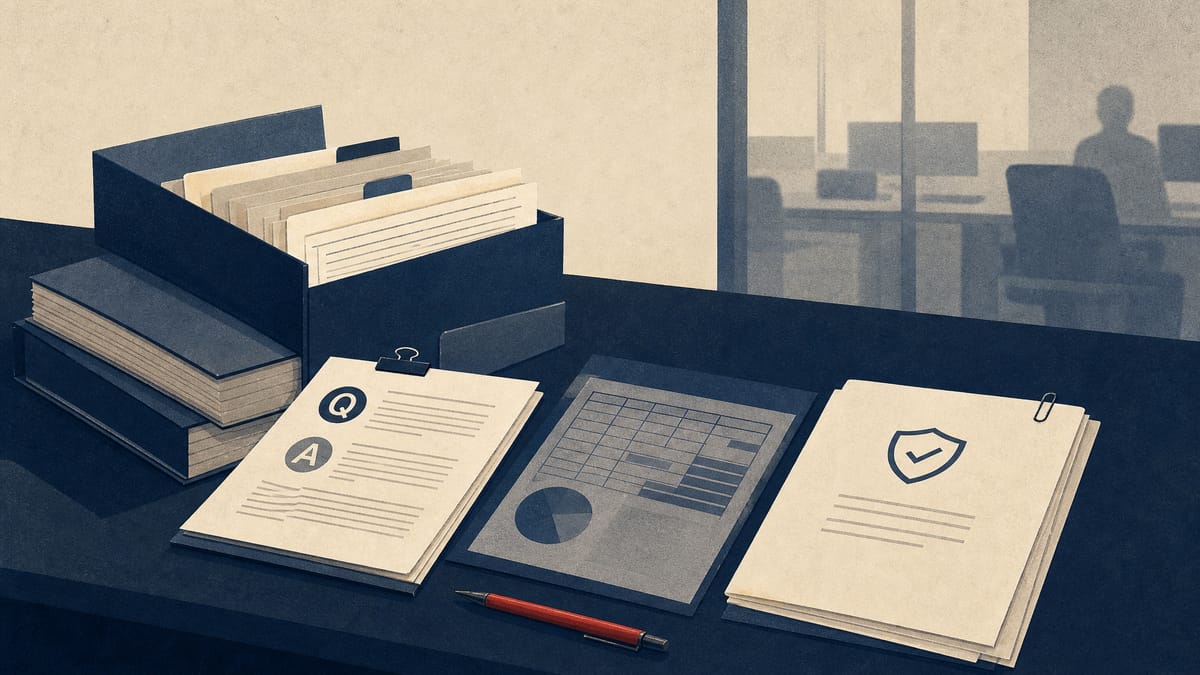 Editorial illustration of regulatory Q&A papers, collateral documents and insurance files on a bank risk manager's desk.