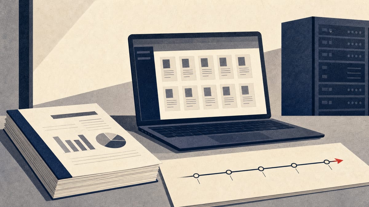 Editorial illustration of financial statement papers, ordinance documents and a laptop beside a five-year access timeline.