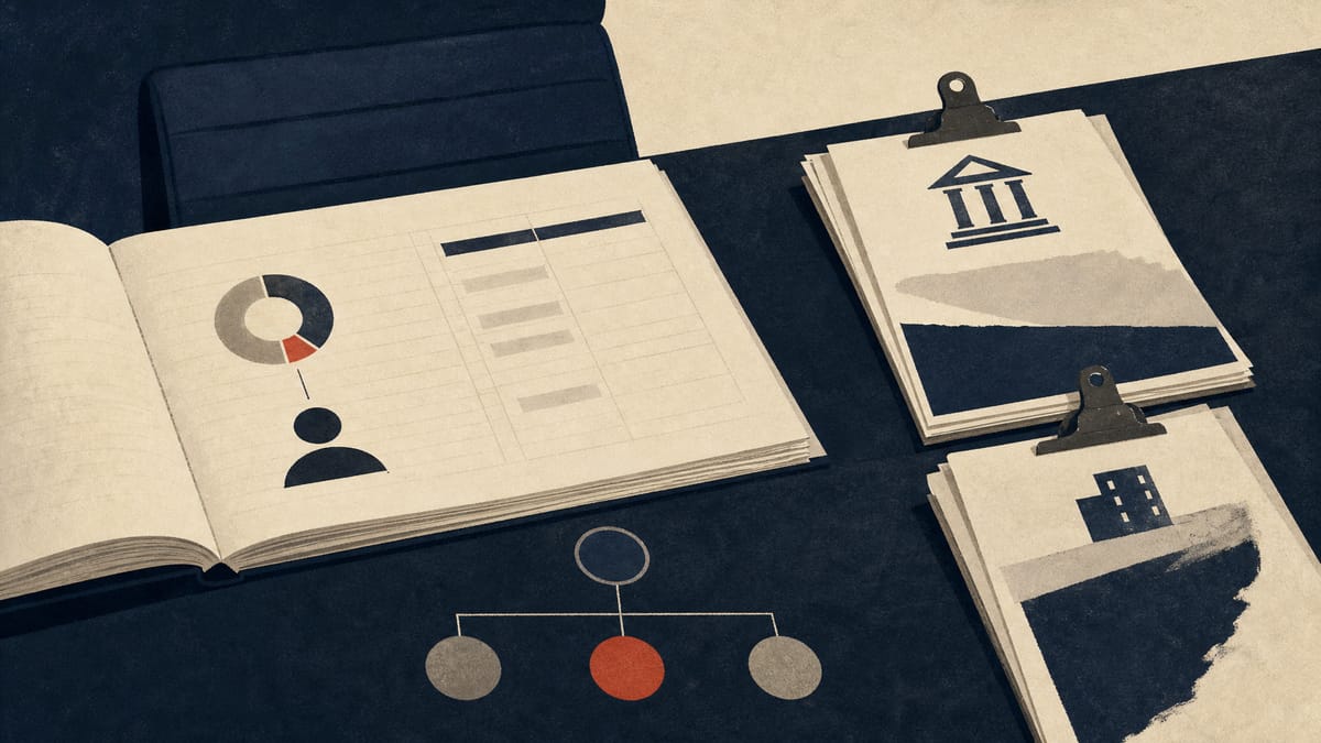 Editorial illustration of shareholding documents, loan and collateral agreements, and a voting control chart on a boardroom table.