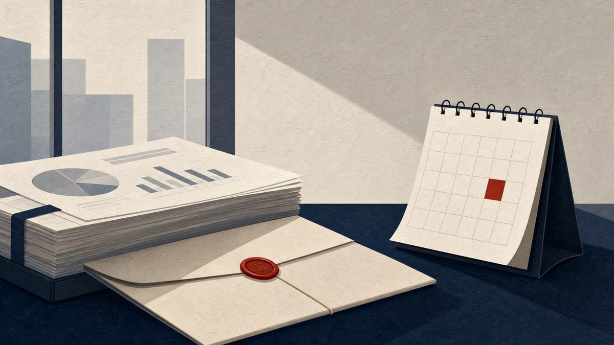 Editorial illustration of fund documents, notice envelopes, and an August 6 desk calendar in an office setting