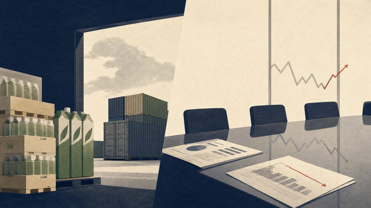 Beverage cases in a warehouse with shipping containers and financial papers, representing cost cuts, overseas sales and currency effects.