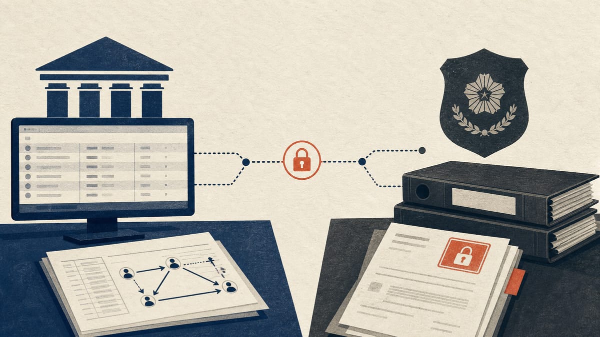 Editorial illustration of bank ledgers and police case files linked by a secure digital network for fraud-fund tracing.