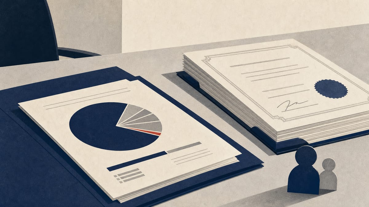 Editorial illustration of shareholding papers and bank guarantee documents on a boardroom table.