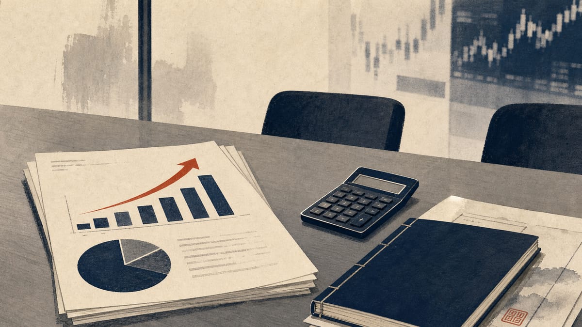 An editorial illustration of fund-performance charts, a calculator and yen ledgers on a conference table with blurred market screens behind.