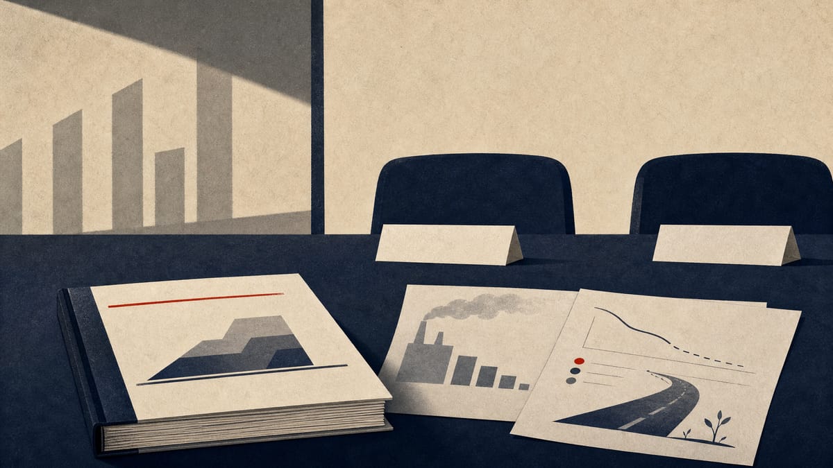 Editorial image of sustainability reporting papers and meeting agenda documents on a conference table