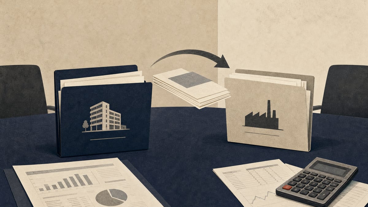 Editorial illustration of financial papers and property files showing costs shifted from inventory to cost of goods sold.