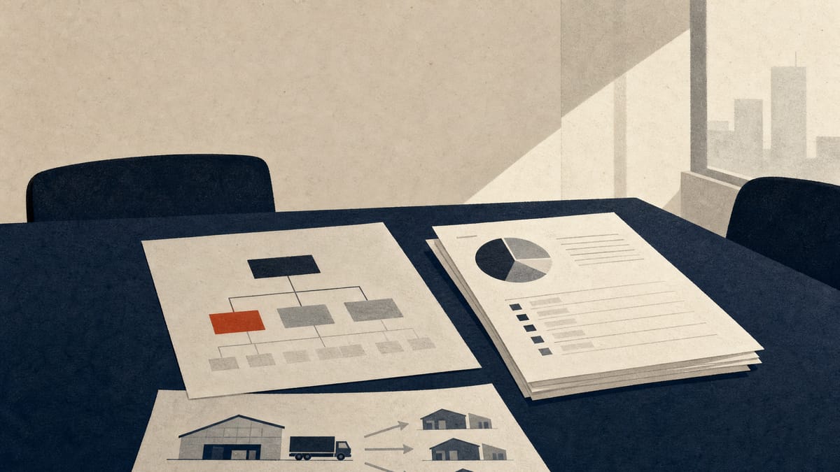 Editorial illustration of corporate split papers and logistics diagrams on a conference table.