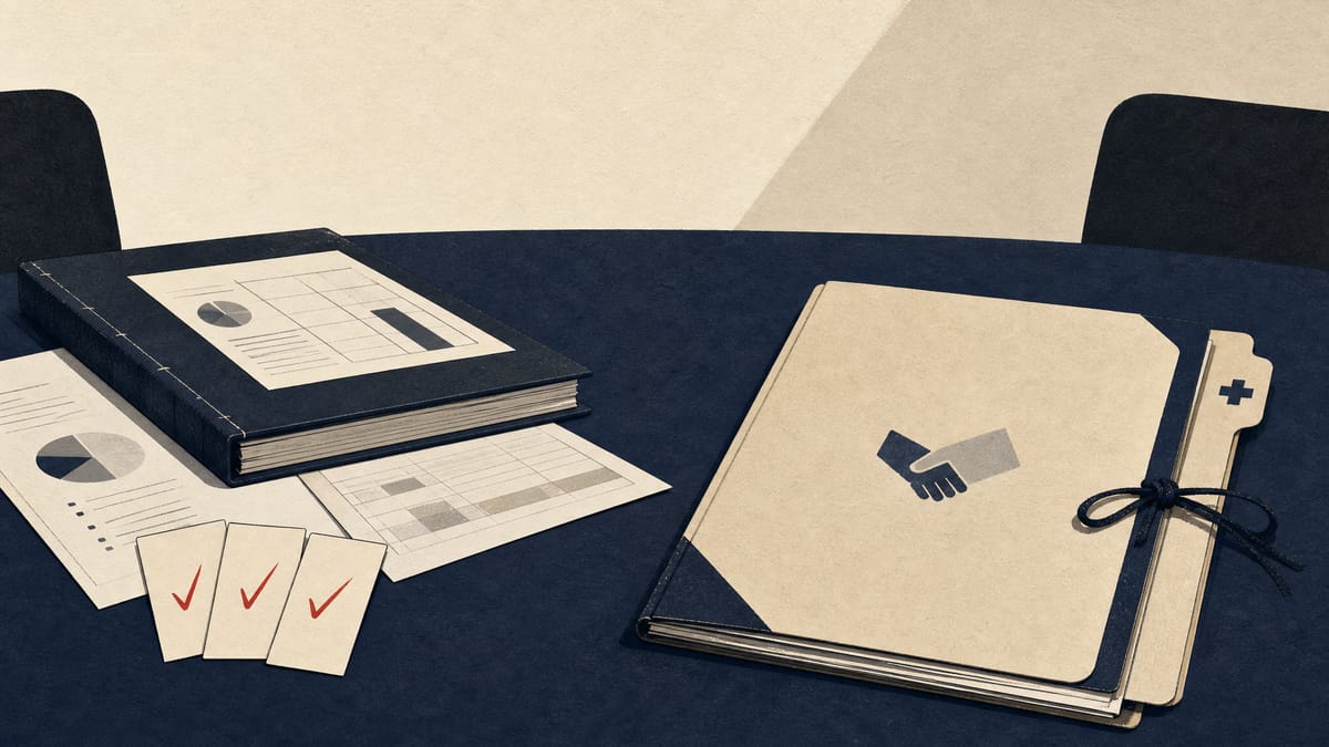 Illustration of financing documents, cap-table papers and voting cards on a boardroom table.
