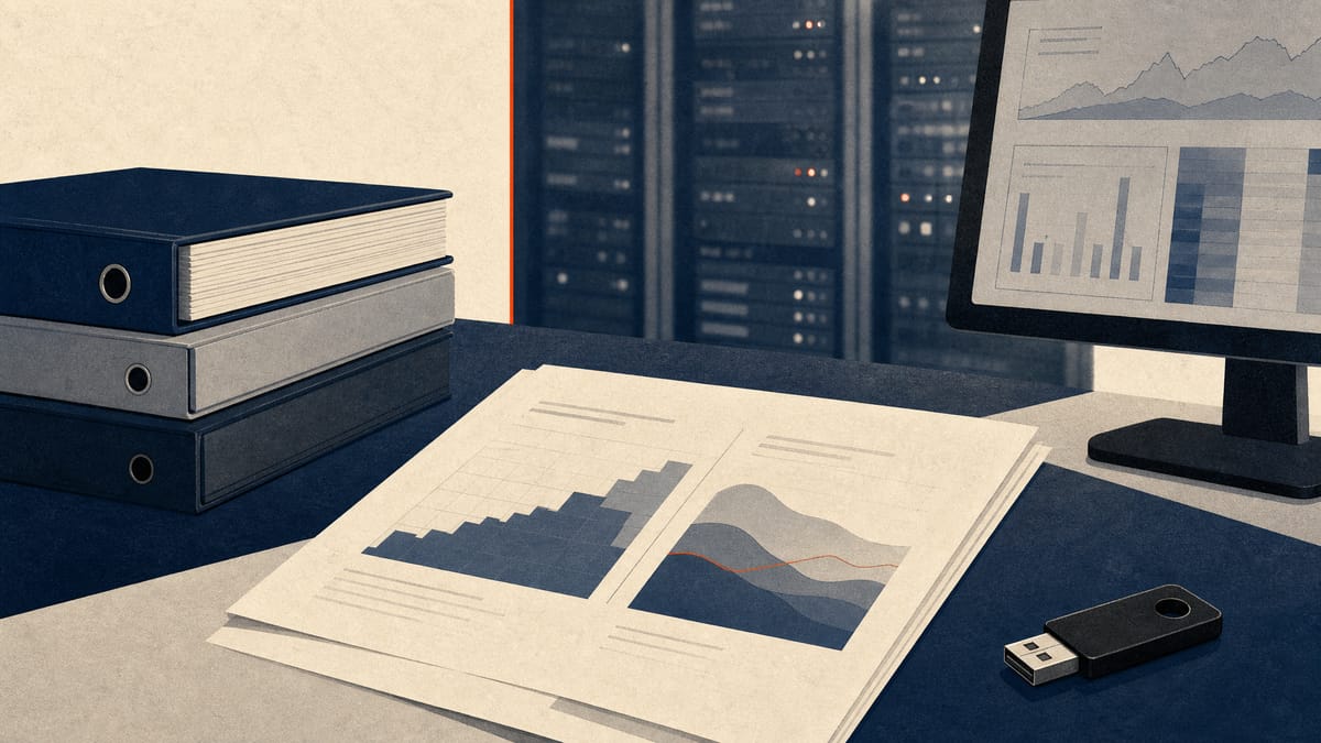 Editorial image of bank risk-management materials, abstract liquidity charts and cybersecurity hardware on a desk.