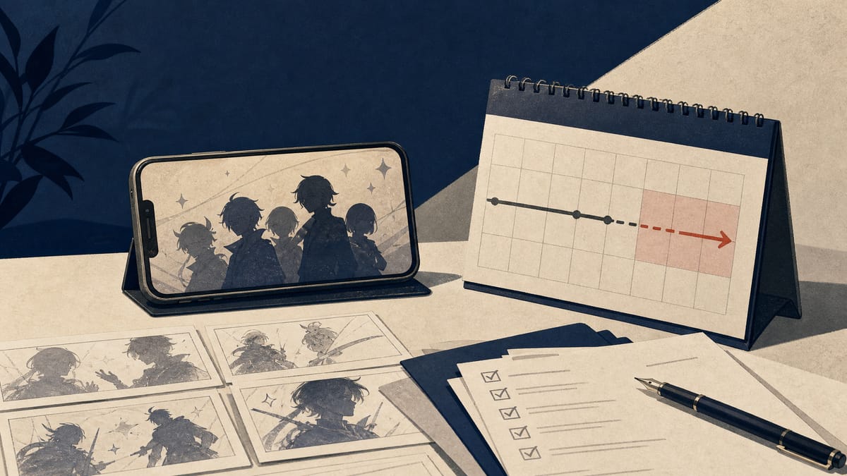 Editorial illustration of a mobile game development desk with a calendar moved to a later launch window.