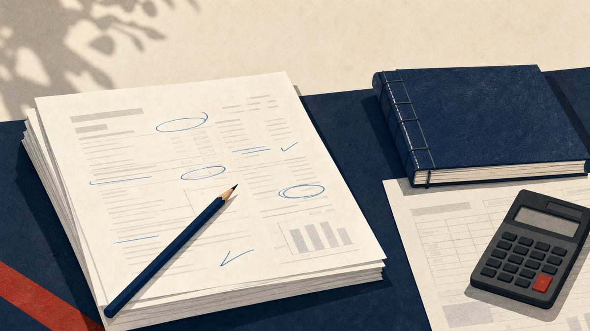 Corrected financial statements with a share ledger, tax papers and a calculator on an office desk.