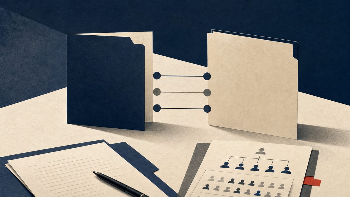 Editorial illustration of merger papers and an ownership chart connecting a listed company and its private holding-company shareholder.