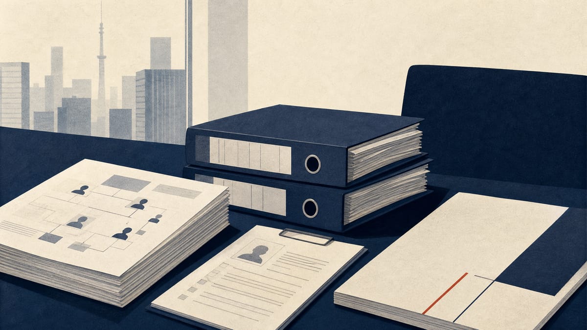 Editorial illustration of audit files, compliance papers and ownership charts on a meeting table.