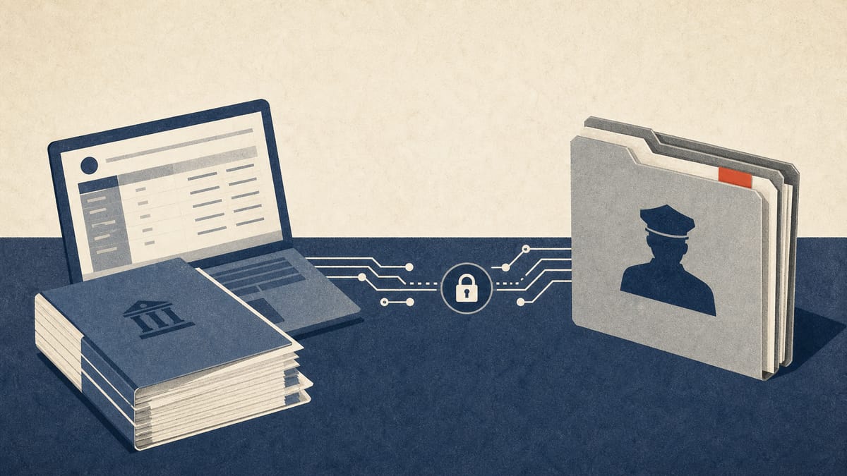 Illustration of bank compliance documents and police case files linked by a secure digital workflow.